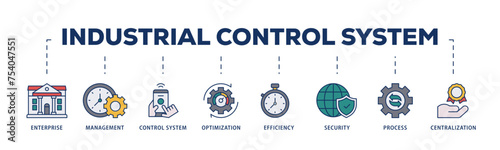 Industrial control system icons process structure web banner illustration of enterprise, management, control system, optimization, efficiency icon live stroke and easy to edit 