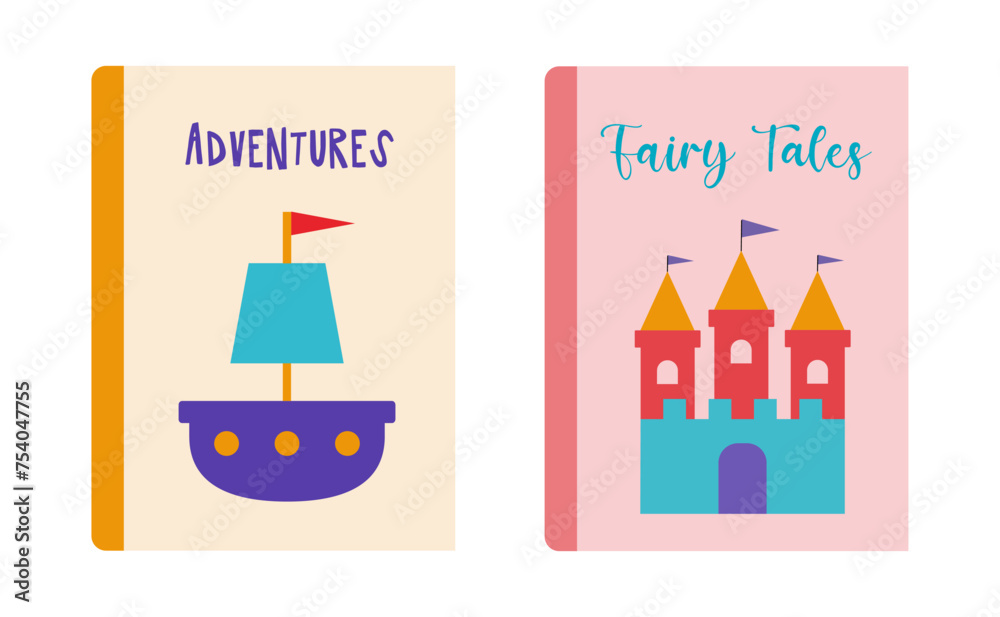 Children books set vector illustration. Books for girls and boys. Adventures and Fairy tales. Flat cartoon.