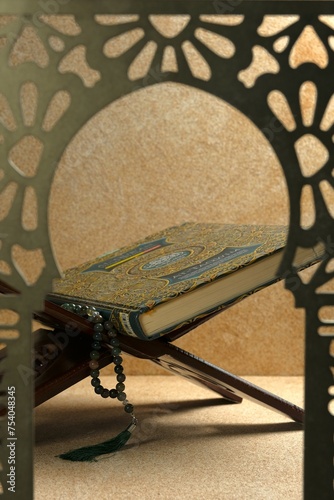 Background or wallpaper Ramadhan kareem , eid mubarak or moslem festive. Al'quran in back photo