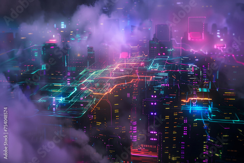 A cityscape with neon lights and a purple sky. Scene is futuristic and vibrant