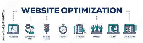 Website optimization icons process structure web banner illustration of page speed, conversion rate, website traffic, efficiency, keywords, ranking, caching  icon live stroke and easy to edit 