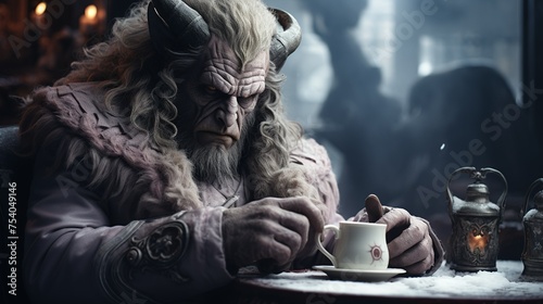 A man with horns and a beard is sitting at a table with a cup of coffee photo