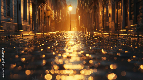 A lone streetlamp casts a warm golden light over a cobblestone street as raindrops trickle down its slick surface. The buildings on either side seem to shimmer and blend into