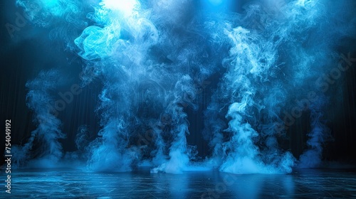 illuminated stage with blue lights and smoke on black background 