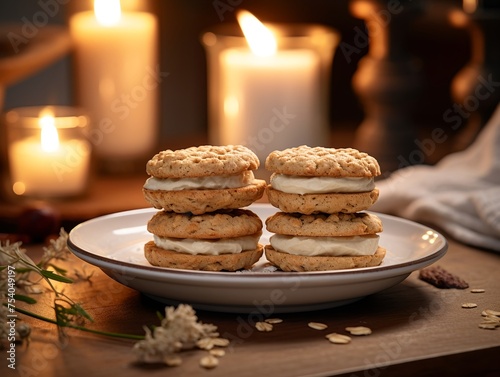 Oatmeal Sandwich Cookies recipe photography on blurred background