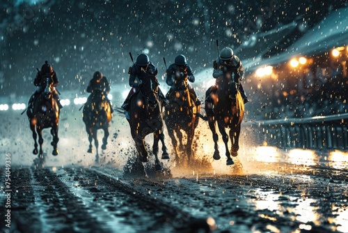 An image of horses racing on a wet track, with raindrops illuminated by the track's lights photo