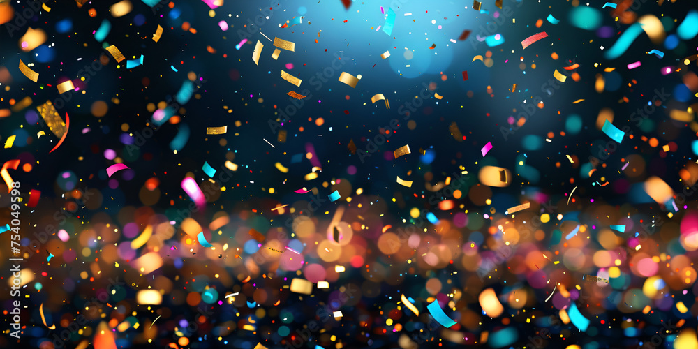  Abstract festive blue and red bokeh background of defocused golden sparkle splash of confetti 