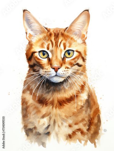 watercolor yellow brown cat head on white background created with Generative AI Technology