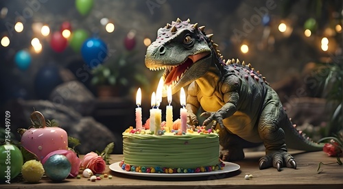 A fantastical scenario that combines fantasy and celebration in a lighthearted way depicts a dinosaur happily blowing out the candles on a birthday cake. © Qazi Sanawer