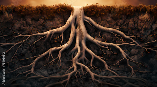 Tree root systems penetrate deep into the ground and crisscross the soil