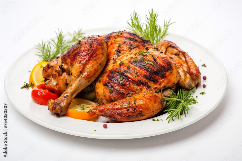grilled chicken, on a white plate, white background grilled chicken, on a white plate, white background