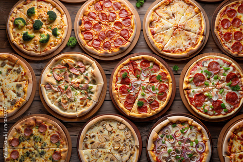A row of pizzas with different toppings, including pepperoni, mushrooms, and onions. The pizzas are arranged on a countertop, and the variety of toppings suggests a casual and relaxed atmosphere