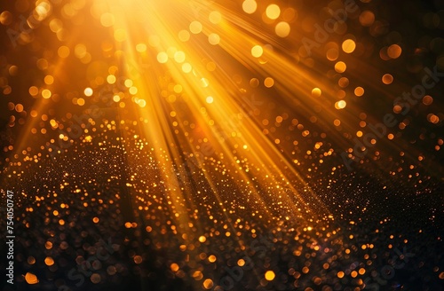 Bright golden light rays with a bokeh effect on a dark background