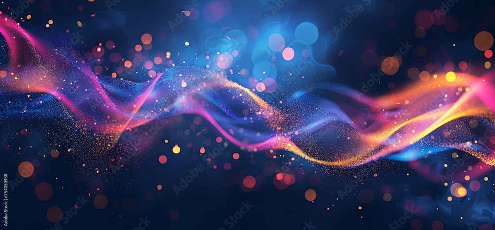 Abstract colorful light swirls and bokeh background.