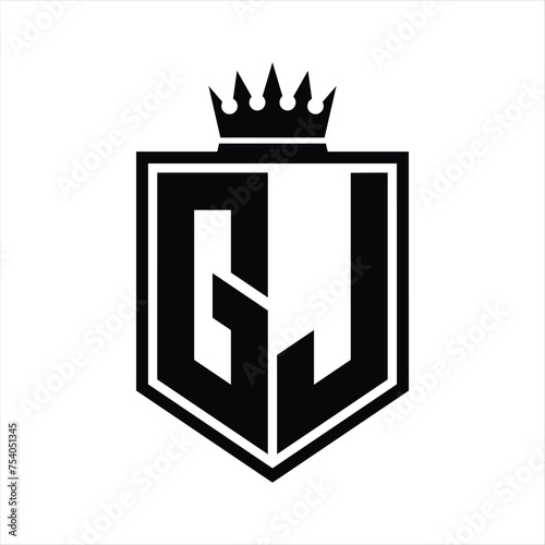 GJ Logo monogram bold shield geometric shape with crown outline black and white style design