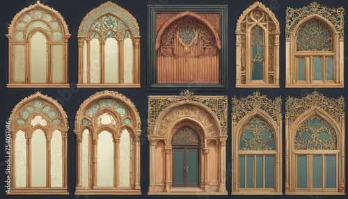 a set of different shapes and sizes of windows  decorative panels  islamic interior design  decorative ornament  ornamental edges  minarats  large motifs  art deco motifs  detailed ornaments  graphic