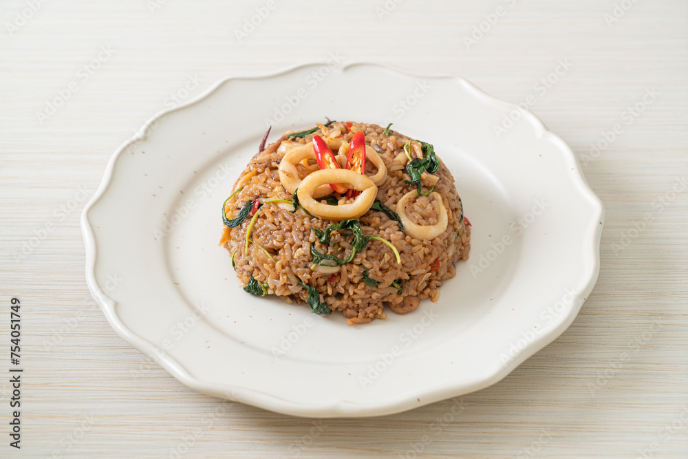 fried rice with squid and basil in Thai style fried rice with squid and basil in Thai style