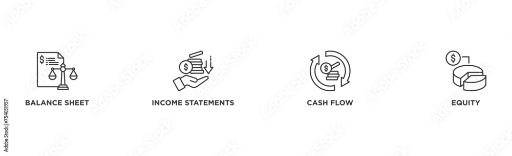 Financial statements banner web icon illustration concept with icon of graph, balance sheet, pie chart, income statements, money, calculator, income, earning, cash flow, equity, and balance Financial statements banner web icon illustration concept with icon of graph, balance sheet, pie chart, income statements, money, calculator, income, earning, cash flow, equity, and balance