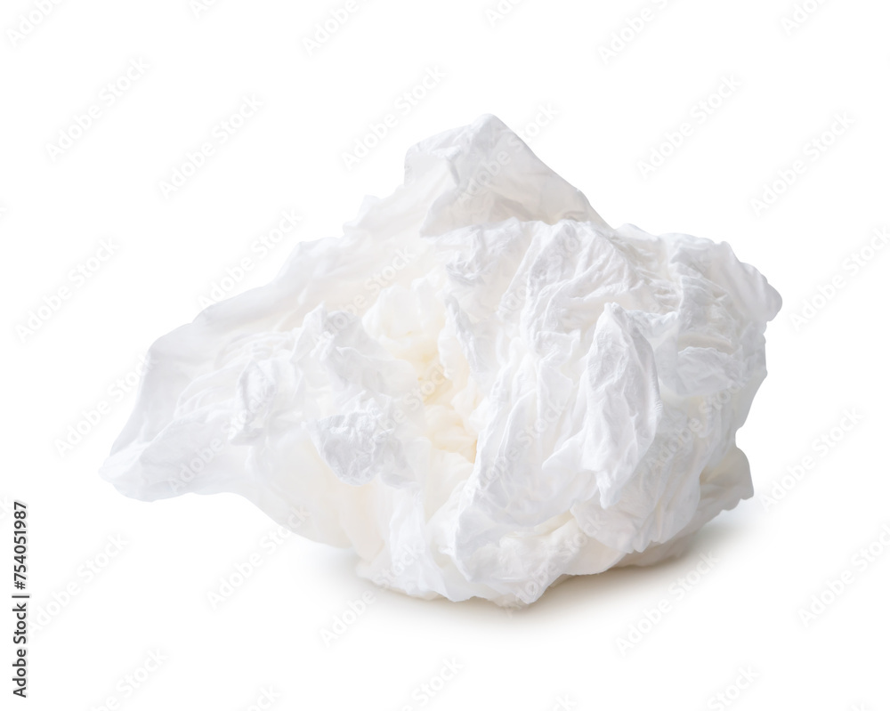 Front view of crumpled tissue paper ball after use in toilet or restroom isolated on white background with clipping path