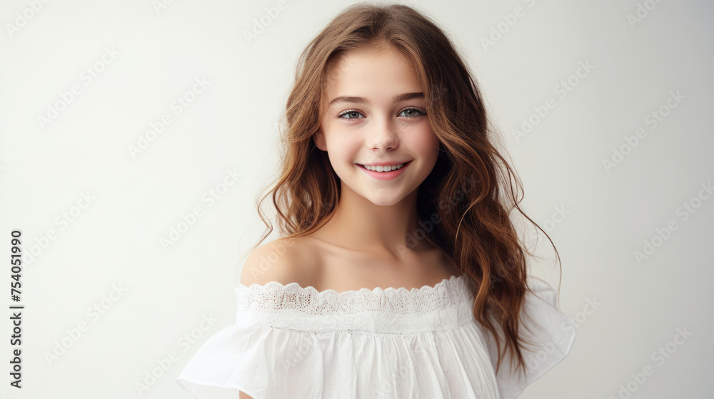 Happy smiling young brunette teenage girl dressed in white isolated on light background Happy smiling young brunette teenage girl dressed in white isolated on light background