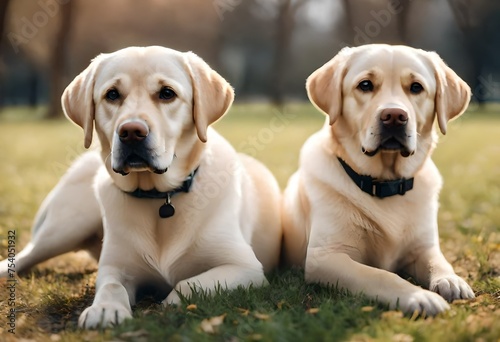 Labrador Golden Retriever Puppy, Dogs sitting in the park under sunlight, pets funny © iram