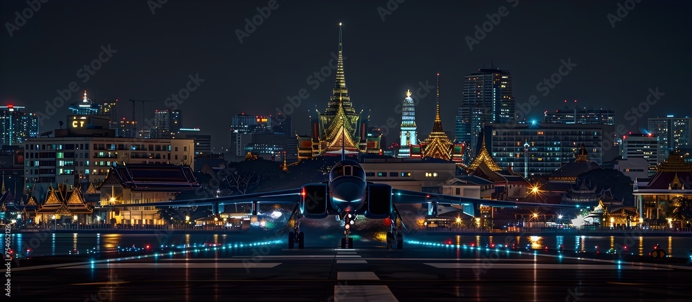 F5E Jet on Bangkok Tarmac Amidst Glowing City Lights and Grand Palace