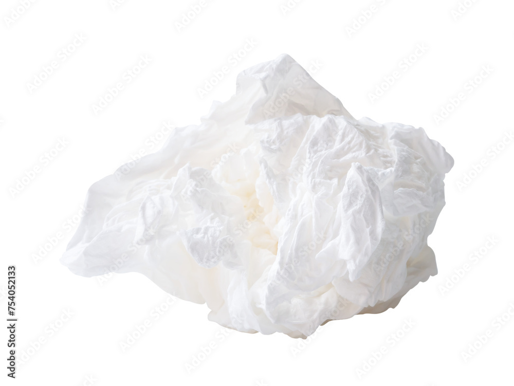 Front view of crumpled tissue paper ball after use in toilet or restroom isolated with clipping path in png file format