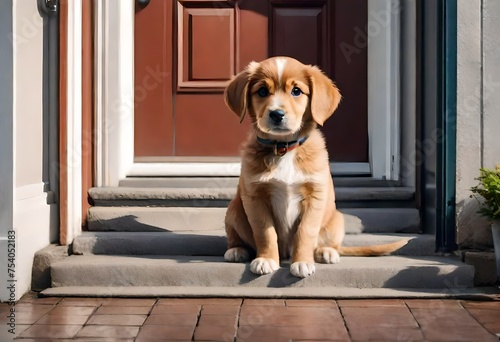 Golden Retriever dog sitting on the door waiting eagerly for its owner to come, isolated pet dog in the evening