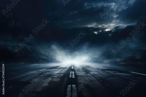 Road of rays  spotlights  empty dark scene  blue light  asphalt  dark street  smoke 