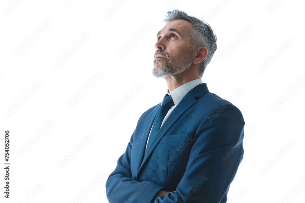 Confidence Mature businessman standing and looking up on white background.
Confidence Mature businessman standing and looking up on white background.