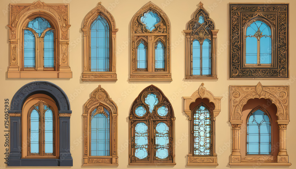 a set of different shapes and sizes of windows, decorative panels, islamic interior design, decorative ornament, ornamental edges, minarats, large motifs, art deco motifs, detailed ornaments, graphic a set of different shapes and sizes of windows, decorative panels, islamic interior design, decorative ornament, ornamental edges, minarats, large motifs, art deco motifs, detailed ornaments, graphic