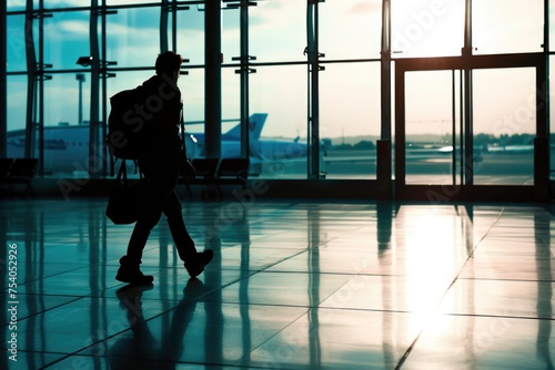 Silhouette Young Man Walking through Airport Terminal towards Boarding Gate