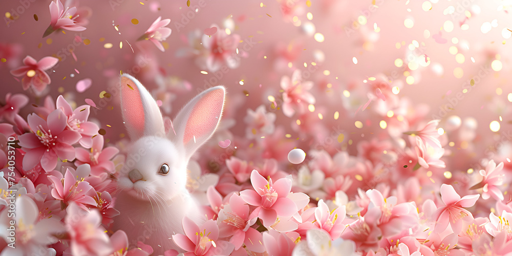 Cute little rabbit on filled of pink blossom flowers with Easter  Festive design composition spring background