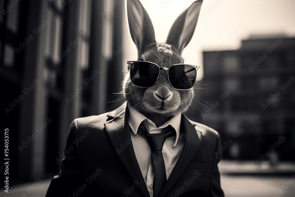 Kelinci memakai kacamata hitam dan jas dengan dasi - obrazy, fototapety, plakaty 