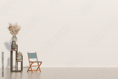 Empty wall mockup with chair and vases (ID: 754053734)