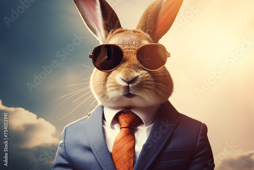 Kelinci memakai kacamata hitam dan jas dengan dasi photo