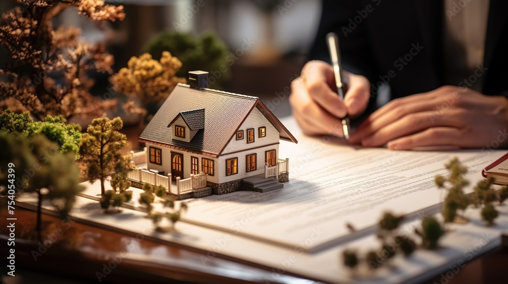 Man considering mortgage with house model in bank office Man considering mortgage with house model in bank office
