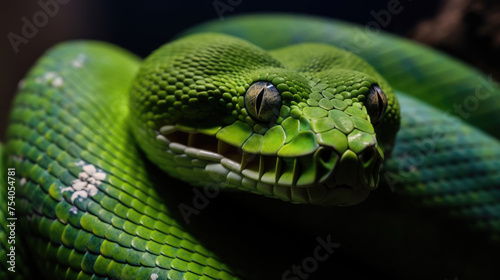macro close-up of a green python's face with sharp eyes and detailed scales on dark background created with Generative AI Technology