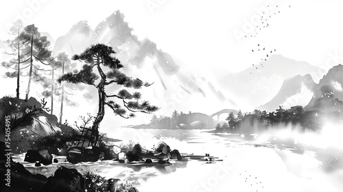 Fototapeta Naklejka Na Ścianę i Meble -  Japanese nature landscape traditional oriental ink painting styl