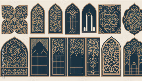 a set of different shapes and sizes of windows, decorative panels, islamic interior design, decorative ornament, ornamental edges, minarats, large motifs, art deco motifs, detailed ornaments, graphic