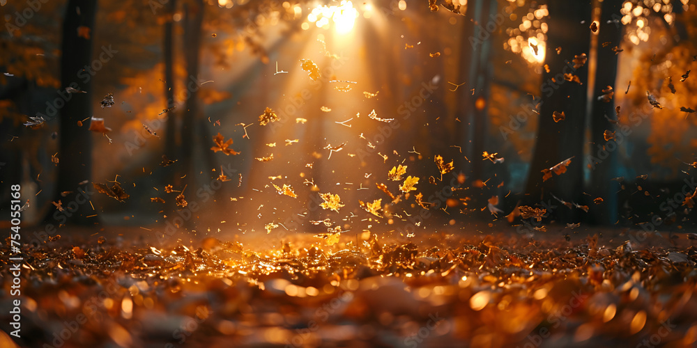  Beautiful natural autumn background with forest and falling orange leaf's and sun rays through the forest tree background  Scene With Golden Leaves Falling, Serene Pathway Background wallpaper