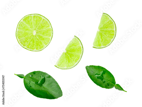 Top view set of green lemon fruits and leaves with half and slices or quarters isolated with clipping path in png file format