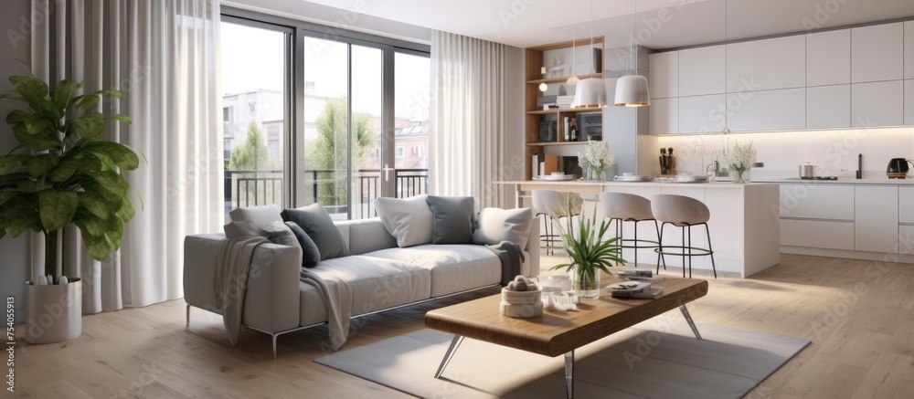 A spacious living room filled with furniture and featuring a large window that allows natural light to brighten the room. The room is decorated in a modern style, with a comfortable sofa, coffee table A spacious living room filled with furniture and featuring a large window that allows natural light to brighten the room. The room is decorated in a modern style, with a comfortable sofa, coffee table