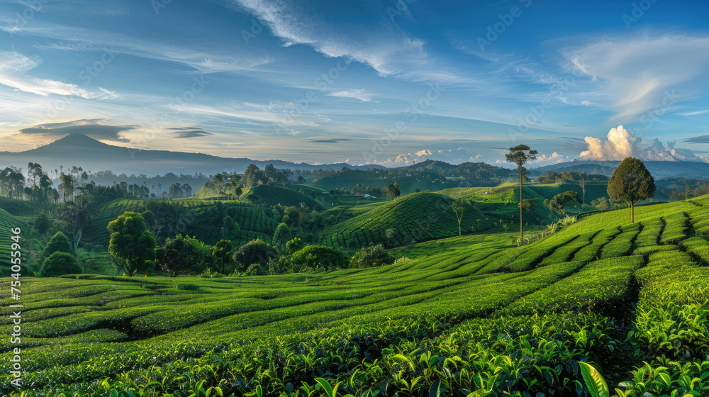 View of beautiful green tea plantations
