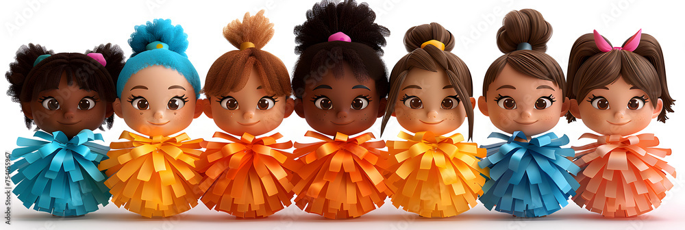 A 3D animated cartoon render of cheerful kids with colorful pom poms. - obrazy, fototapety, plakaty 