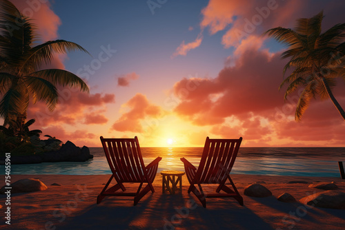 Beautiful tropical sunset view with two sun loungers  lounge chairs  beach