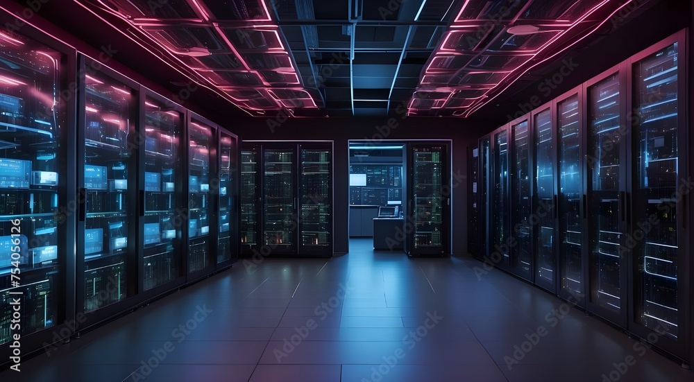 picture of a large, dark, networked server room with neon data and information displays connected to cloud computing for virtualization - obrazy, fototapety, plakaty 