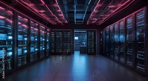 picture of a large, dark, networked server room with neon data and information displays connected to cloud computing for virtualization