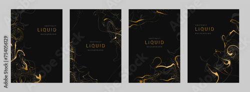 Set of abstract Liquid backgrounds. Fluid art. Elegant cover design. Luxury Marble pattern in gold and black colors. Minimalist vector template for invitation, postcard, brochure, flyer.