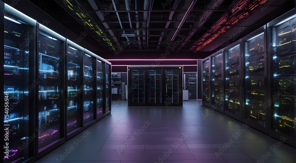 picture of a large, dark, networked server room with neon data and information displays connected to cloud computing for virtualization